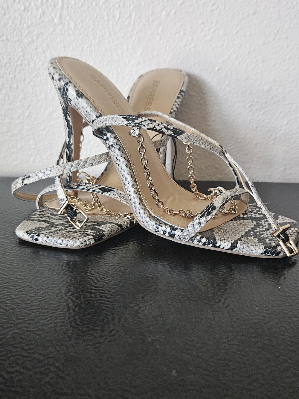 Express Snake-Print Chain-Strap Heeled Sandals in Black, White & Beige